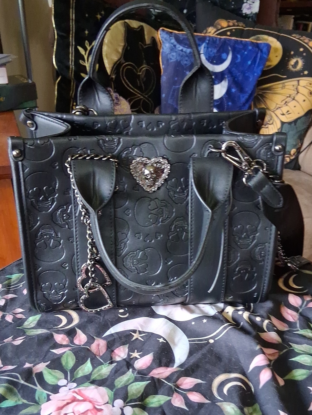 Betsey Johnson Black Embossed Skull Heart Charm Tote Shoulder Bag
